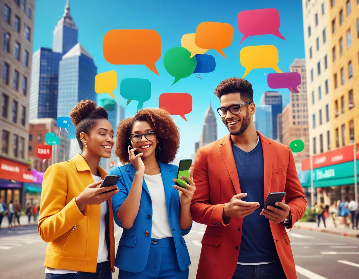 A dynamic scene depicting diverse individuals engaged in vibrant conversations using smartphones, surrounded by colorful speech bubbles illustrating various mobile plan features. The background features a city skyline symbolizing connectivity and modernity. Include price tags and symbols indicating affordability in a lively color palette. super-realistic. vibrant colors. 3D.