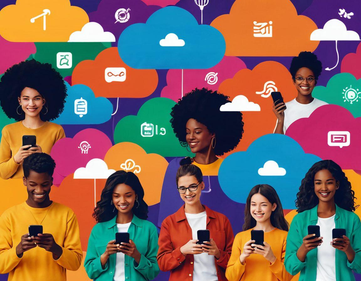 A collage of diverse individuals happily using smartphones in various vibrant settings, representing seamless connectivity. Illustrate diverse mobile plans with colorful icons of data, talk, and text symbols surrounding them. Include elements of technology like 5G signals and clouds for data, intertwined with nature to suggest balance. Ensure a bright, inviting atmosphere to evoke happiness and satisfaction in connectivity. super-realistic. vibrant colors. dynamic composition.