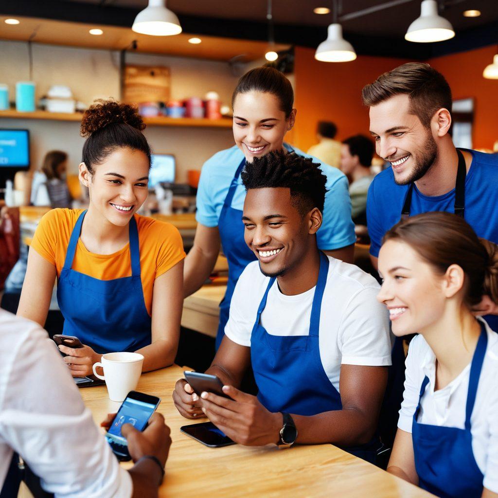 A cheerful diverse group of customers interacting with their mobile devices in a bright, modern café setting, showcasing smiles and satisfaction. Include elements like a professional mobile service technician assisting them, vibrant phone screens displaying various app interfaces, and warm ambient lighting in the background. Emphasize a sense of community and happiness. super-realistic. vibrant colors. 3D.
